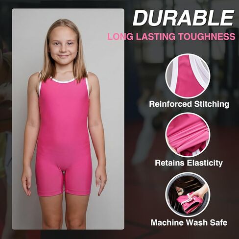 2 Pcs Youth Wrestling Singlet, Full-coverage Standard Wrestling Singlet for Youth Girls Aged 7-9 and 4'3"-4'7" Tall, Breathable Stretchable Fabric for Training Gymnastics, Black & Rose Pink(L) in Saudi Arabia