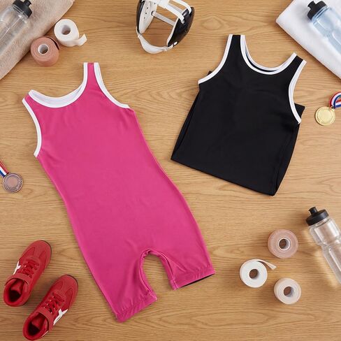 2 Pcs Youth Wrestling Singlet, Full-coverage Standard Wrestling Singlet for Youth Girls Aged 7-9 and 4'3"-4'7" Tall, Breathable Stretchable Fabric for Training Gymnastics, Black & Rose Pink(L) in Saudi Arabia