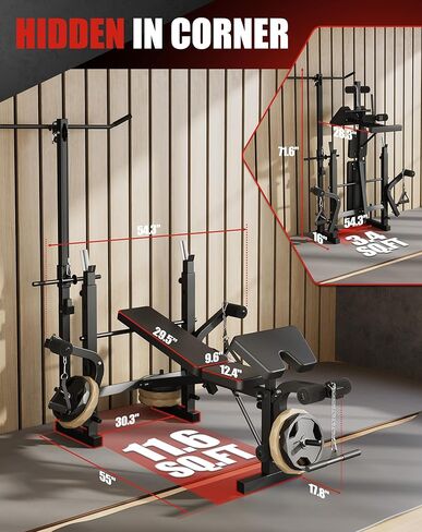 مجموعة مقاعد رفع الأثقال 7 في 1 مع رف قابل للتعديل، مجموعة ضغط مقاعد قابلة للطي بوزن 900 رطل مع تمديد/تجعيد الساق لتدريب القوة، مقعد تمرين متعدد الوظائف مع وسادة تجعيد للواعظ للصالة الرياضية المنزلية in Kuwait
