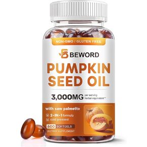 Pumpkin Seed Oil with Saw Palmetto Softgels, 3000mg Per Serving, 600 Softgels | Cold-Pressed with Essential Fatty Acids & Phytosterols | Supports Hair, Urinary, Bladder & Prostate Health | Non-GMO in Kuwait
