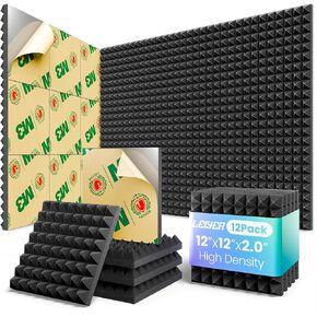 Acoustic Panels 12 pack Pyramid Self-Adhesive Upgrade,2"X12"X12" Sound Proof Foam Panels for Walls Quickly-Expand,Acoustic Wall Panels High Density Sound Absorbing for Gaming&Studio Decor,Black in Kuwait