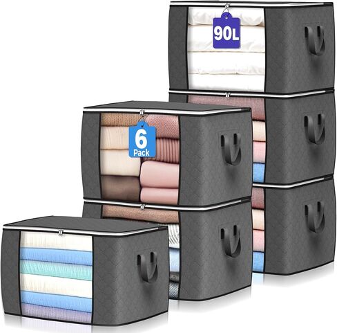 90L Large Storage Bags, 6 Pack Clothes Storage Bins Closet Organizers | Foldable Storage Containers, with Reinforced Handle, for Clothing, Blanket, Comforters, Bed Sheets, Pillows and Toys,Gray in Saudi Arabia