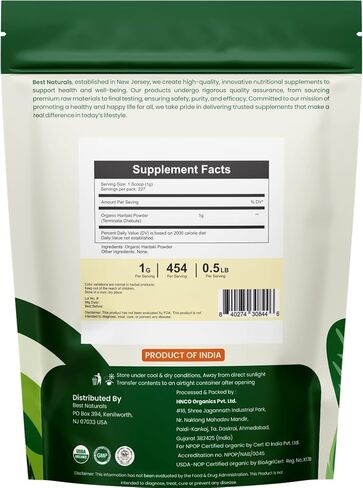 Best Naturals Certified USDA Organic Haritaki Powder, 227 Gram, Gluten Free, GMO Free, Vegan in Saudi Arabia
