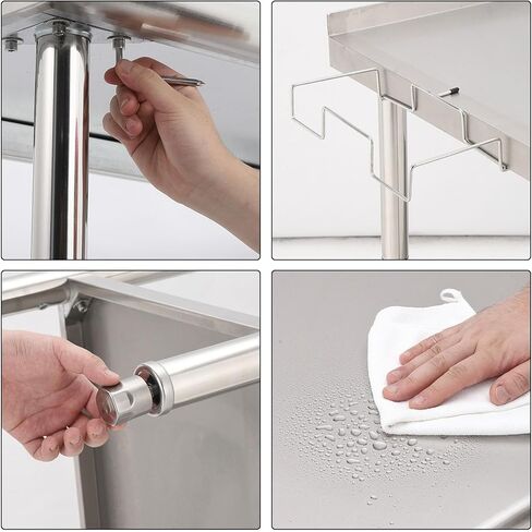 Heavy Duty Stainless Steel Work Table for Kitchen – 48 x 24 x 35 Inch Prep Table with Adjustable Undershelf, Removable Waste Rack, Side Hooks, Galvanized Legs, Wheels – Ideal for Restaurant, in Kuwait