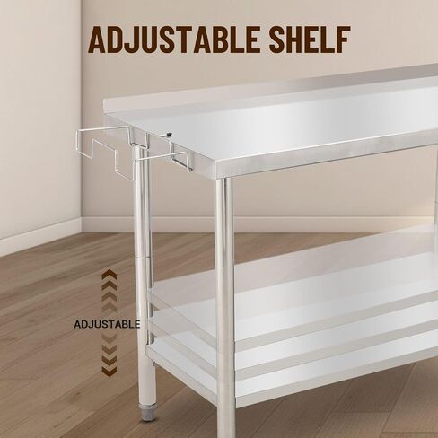 Heavy Duty Stainless Steel Work Table for Kitchen – 48 x 24 x 35 Inch Prep Table with Adjustable Undershelf, Removable Waste Rack, Side Hooks, Galvanized Legs, Wheels – Ideal for Restaurant, in Kuwait