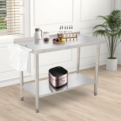 Heavy Duty Stainless Steel Work Table for Kitchen – 48 x 24 x 35 Inch Prep Table with Adjustable Undershelf, Removable Waste Rack, Side Hooks, Galvanized Legs, Wheels – Ideal for Restaurant, in Kuwait