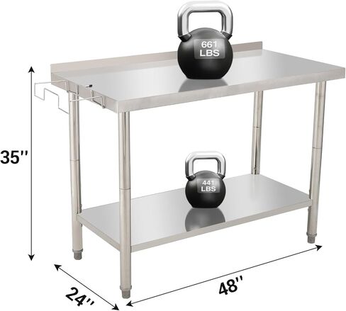 Heavy Duty Stainless Steel Work Table for Kitchen – 48 x 24 x 35 Inch Prep Table with Adjustable Undershelf, Removable Waste Rack, Side Hooks, Galvanized Legs, Wheels – Ideal for Restaurant, in Kuwait