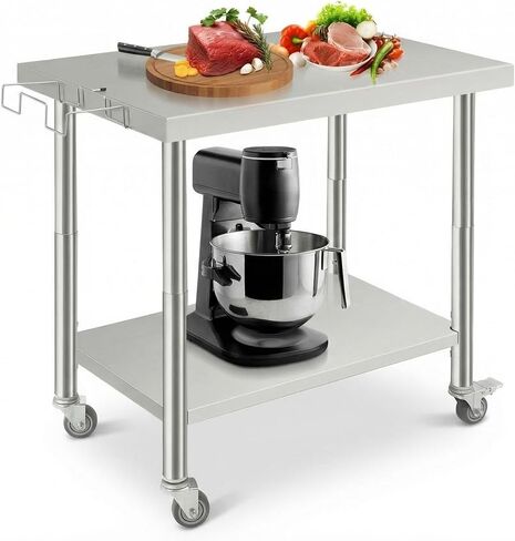 Heavy Duty Stainless Steel Brewing Work Table – 36x24x35 inch, Double-Layer, Wheels, Removable Waste Rack, Adjustable Undershelf, Straight Edge, No Backsplash – Perfect for Restaurant, Bar, in Kuwait