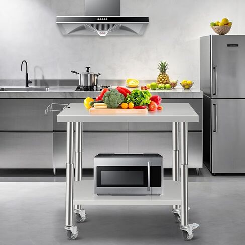 Heavy Duty Stainless Steel Brewing Work Table – 36x24x35 inch, Double-Layer, Wheels, Removable Waste Rack, Adjustable Undershelf, Straight Edge, No Backsplash – Perfect for Restaurant, Bar, in Kuwait