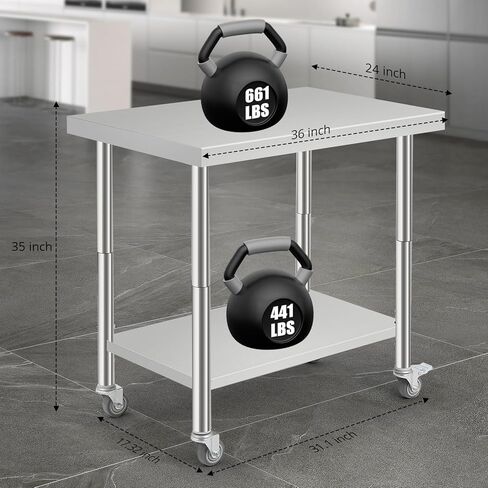 Heavy Duty Stainless Steel Brewing Work Table – 36x24x35 inch, Double-Layer, Wheels, Removable Waste Rack, Adjustable Undershelf, Straight Edge, No Backsplash – Perfect for Restaurant, Bar, in Kuwait