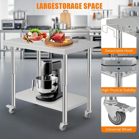 Heavy Duty Stainless Steel Brewing Work Table – 36x24x35 inch, Double-Layer, Wheels, Removable Waste Rack, Adjustable Undershelf, Straight Edge, No Backsplash – Perfect for Restaurant, Bar, in Kuwait