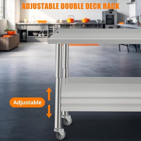 Heavy Duty Stainless Steel Brewing Work Table – 36x24x35 inch, Double-Layer, Wheels, Removable Waste Rack, Adjustable Undershelf, Straight Edge, No Backsplash – Perfect for Restaurant, Bar, in Kuwait