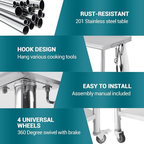 Heavy Duty Stainless Steel Brewing Work Table – 36x24x35 inch, Double-Layer, Wheels, Removable Waste Rack, Adjustable Undershelf, Straight Edge, No Backsplash – Perfect for Restaurant, Bar, in Kuwait