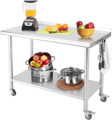 Heavy Duty Stainless Steel Brewing Work Table – 36x24x35 inch, Double-Layer, Wheels, Removable Waste Rack, Adjustable Undershelf, Straight Edge, No Backsplash – Perfect for Restaurant, Bar, in Kuwait