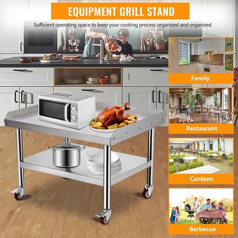 Heavy Duty 36"x30" Stainless Steel Grill Stand Table – 1000 lbs Top Shelf, Adjustable Height Legs, 2" Edge Baffle, NSF Certified, with Wheels – Ideal for Restaurant, Kitchen, Hotel, Home in Saudi Arabia