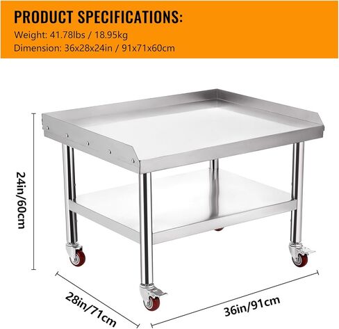 Heavy Duty 36"x30" Stainless Steel Grill Stand Table – 1000 lbs Top Shelf, Adjustable Height Legs, 2" Edge Baffle, NSF Certified, with Wheels – Ideal for Restaurant, Kitchen, Hotel, Home in Saudi Arabia