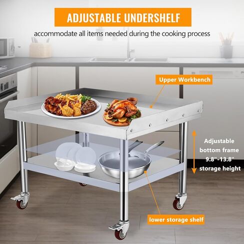 Heavy Duty 36"x30" Stainless Steel Grill Stand Table – 1000 lbs Top Shelf, Adjustable Height Legs, 2" Edge Baffle, NSF Certified, with Wheels – Ideal for Restaurant, Kitchen, Hotel, Home in Saudi Arabia