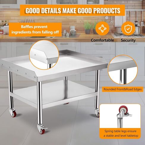 Heavy Duty 36"x30" Stainless Steel Grill Stand Table – 1000 lbs Top Shelf, Adjustable Height Legs, 2" Edge Baffle, NSF Certified, with Wheels – Ideal for Restaurant, Kitchen, Hotel, Home in Saudi Arabia