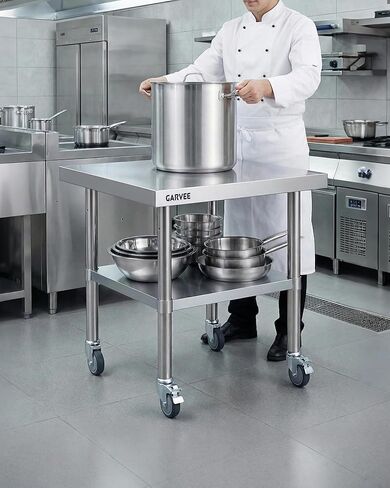 طاولة عمل من الفولاذ المقاوم للصدأ شديدة التحمل مقاس 24 × 24 بوصة مع سبلاش خلفي قابل للفصل من 3 جوانب، رف سفلي قابل للتعديل، عجلات قفل، طاولة إعداد تجارية للمطعم، المطبخ، المرآب in Kuwait