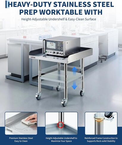 طاولة عمل من الفولاذ المقاوم للصدأ شديدة التحمل مقاس 24 × 24 بوصة مع سبلاش خلفي قابل للفصل من 3 جوانب، رف سفلي قابل للتعديل، عجلات قفل، طاولة إعداد تجارية للمطعم، المطبخ، المرآب in Kuwait