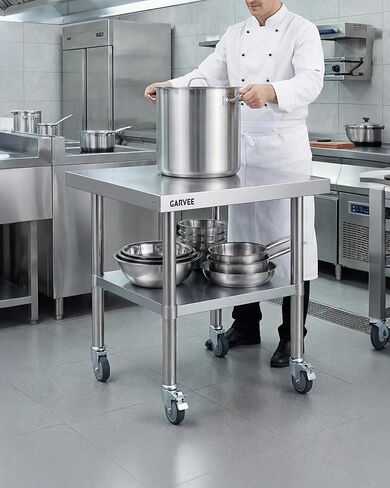 طاولة عمل من الفولاذ المقاوم للصدأ شديدة التحمل مقاس 24 × 24 بوصة مع سبلاش خلفي قابل للفصل من 3 جوانب، رف سفلي قابل للتعديل، عجلات قفل، طاولة إعداد تجارية للمطعم، المطبخ، المرآب in Kuwait