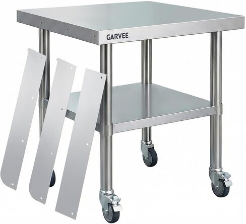طاولة عمل من الفولاذ المقاوم للصدأ شديدة التحمل مقاس 24 × 24 بوصة مع سبلاش خلفي قابل للفصل من 3 جوانب، رف سفلي قابل للتعديل، عجلات قفل، طاولة إعداد تجارية للمطعم، المطبخ، المرآب in Kuwait