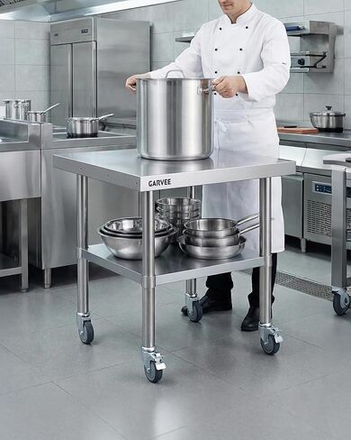 طاولة عمل من الفولاذ المقاوم للصدأ شديدة التحمل مقاس 24 × 24 بوصة مع سبلاش خلفي قابل للفصل من 3 جوانب، رف سفلي قابل للتعديل، عجلات قفل، طاولة إعداد تجارية للمطعم، المطبخ، المرآب in Kuwait