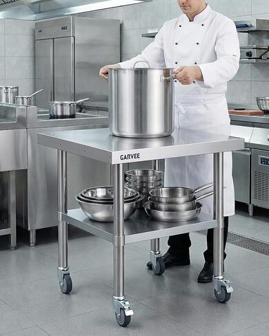 طاولة عمل من الفولاذ المقاوم للصدأ شديدة التحمل مقاس 24 × 24 بوصة مع سبلاش خلفي قابل للفصل من 3 جوانب، رف سفلي قابل للتعديل، عجلات قفل، طاولة إعداد تجارية للمطعم، المطبخ، المرآب in Kuwait