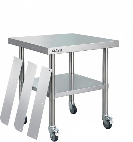 طاولة عمل من الفولاذ المقاوم للصدأ شديدة التحمل مقاس 24 × 24 بوصة مع سبلاش خلفي قابل للفصل من 3 جوانب، رف سفلي قابل للتعديل، عجلات قفل، طاولة إعداد تجارية للمطعم، المطبخ، المرآب in Kuwait