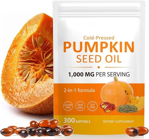 Pumpkin Seed Oil with Saw Palmetto Softgels,1000mg, 300 Count, Cold-Pressed with Essential Fatty Acids & Phytosterols, Fast Acting & Visible Effect in Days, Supports Hair, Bladder & Prostate Health in Kuwait