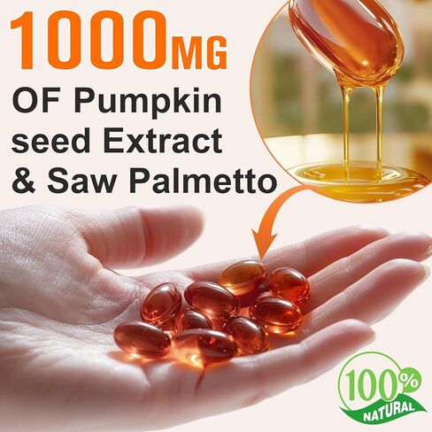 Pumpkin Seed Oil with Saw Palmetto Softgels,1000mg, 300 Count, Cold-Pressed with Essential Fatty Acids & Phytosterols, Fast Acting & Visible Effect in Days, Supports Hair, Bladder & Prostate Health in Kuwait