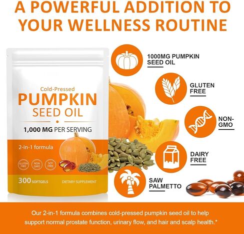 Pumpkin Seed Oil with Saw Palmetto Softgels,1000mg, 300 Count, Cold-Pressed with Essential Fatty Acids & Phytosterols, Fast Acting & Visible Effect in Days, Supports Hair, Bladder & Prostate Health in Kuwait