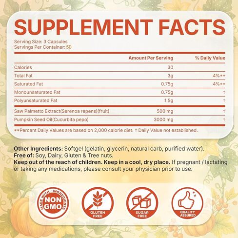 Pumpkin Seed Oil with Saw Palmetto - 300 Cold-Pressed Softgels for Hair Growth & Prostate Support - Pure Virgin Oil, Essential Fatty Acids, Organic Supplement for Men & Women, Non-GMO in Saudi Arabia