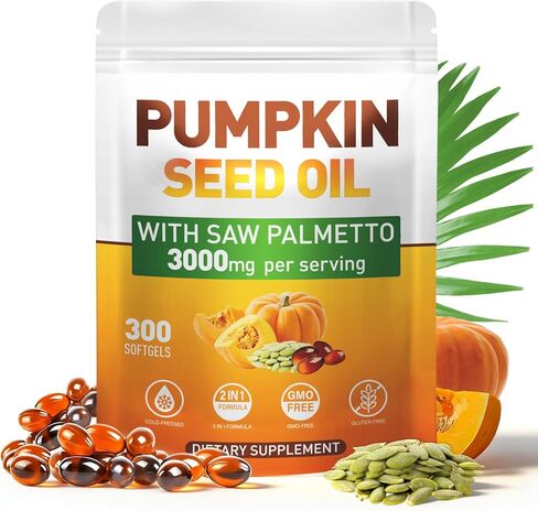 Pumpkin Seed Oil Capsules – 300 Softgels Pumpkin Seed Oil with Saw Palmetto for Hair Growth, Urinary & Prostate Health | Cold-Pressed, Rich in Essential Fatty Acids & Phytosterols | Non-GMO in Saudi Arabia