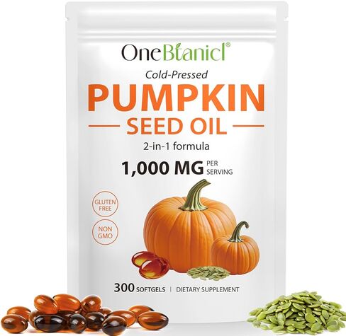 Pumpkin Seeds Oil Capsules 300PCS, 1000mg Cold-Press Pumpkin Seeds Oil, Support Healthy Hair, Urinary System Health, Essential Fatty Acids, 100% Additives Free, GMP Certified in Kuwait