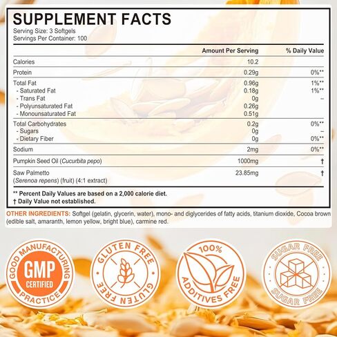 Pumpkin Seeds Oil Capsules 300PCS, 1000mg Cold-Press Pumpkin Seeds Oil, Support Healthy Hair, Urinary System Health, Essential Fatty Acids, 100% Additives Free, GMP Certified in Kuwait