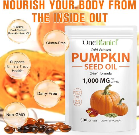 Pumpkin Seeds Oil Capsules 300PCS, 1000mg Cold-Press Pumpkin Seeds Oil, Support Healthy Hair, Urinary System Health, Essential Fatty Acids, 100% Additives Free, GMP Certified in Kuwait