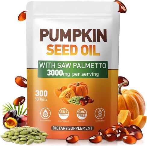 كبسولات زيت بذور اليقطين - زيت بكر نقي معصور على البارد، وأحماض دهنية أساسية وستيرولات نباتية | 300 كبسولة | يدعم صحة الشعر والمثانة البولية والبروستاتا | غير معدل وراثيًا in Kuwait