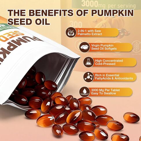 كبسولات زيت بذور اليقطين - زيت بكر نقي معصور على البارد، وأحماض دهنية أساسية وستيرولات نباتية | 300 كبسولة | يدعم صحة الشعر والمثانة البولية والبروستاتا | غير معدل وراثيًا in Kuwait