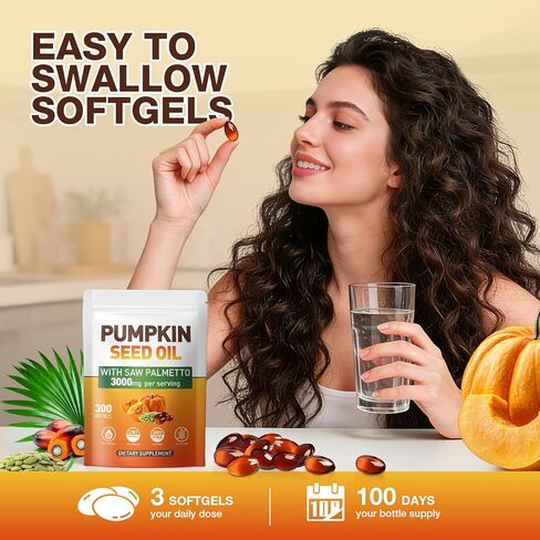 كبسولات زيت بذور اليقطين - زيت بكر نقي معصور على البارد، وأحماض دهنية أساسية وستيرولات نباتية | 300 كبسولة | يدعم صحة الشعر والمثانة البولية والبروستاتا | غير معدل وراثيًا in Kuwait