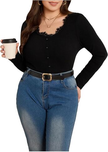SOLY HUX Women's Plus Size Lace V Neck Long Sleeve T-Shirts Button Slim Fit Going Out Tee Tops in Kuwait