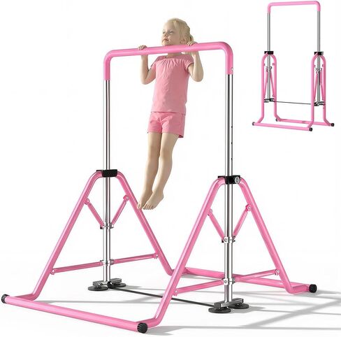 Expandable Kids Gymnastics Kip Bar - Upgraded Dual Base, Folding Adjustable Height 44''-60'', 350LBS Weight Limit, Anti-Slip Suction Feet, Home Training Bar for Kids Ages 3-13 (Pink) in Saudi Arabia