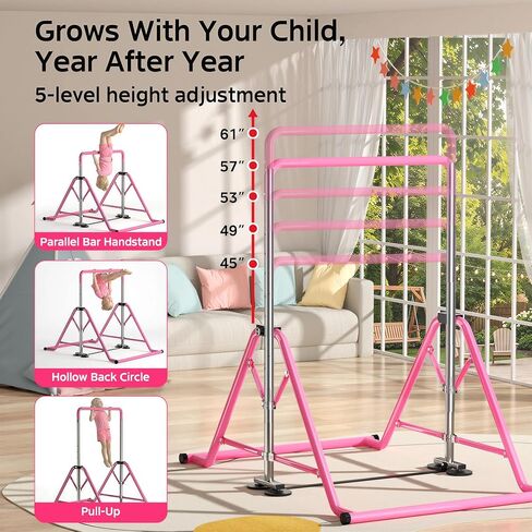 Expandable Kids Gymnastics Kip Bar - Upgraded Dual Base, Folding Adjustable Height 44''-60'', 350LBS Weight Limit, Anti-Slip Suction Feet, Home Training Bar for Kids Ages 3-13 (Pink) in Saudi Arabia