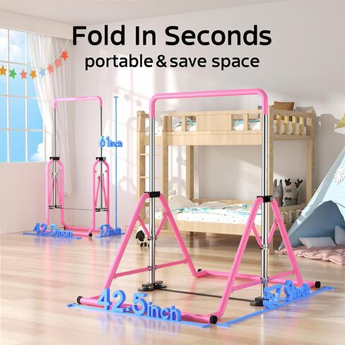 Expandable Kids Gymnastics Kip Bar - Upgraded Dual Base, Folding Adjustable Height 44''-60'', 350LBS Weight Limit, Anti-Slip Suction Feet, Home Training Bar for Kids Ages 3-13 (Pink) in Saudi Arabia