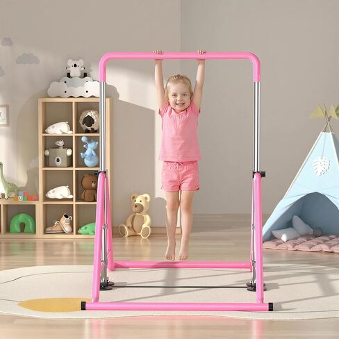 Expandable Kids Gymnastics Kip Bar - Upgraded Dual Base, Folding Adjustable Height 44''-60'', 350LBS Weight Limit, Anti-Slip Suction Feet, Home Training Bar for Kids Ages 3-13 (Pink) in Saudi Arabia