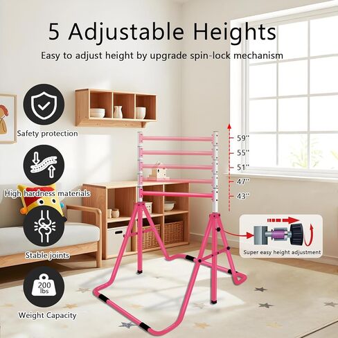 بار الجمباز للأطفال، قضبان أفقية للجمباز قابلة للتعديل، معدات قضبان قرد لتدريب الجمباز للصغار قابلة للطي للاستخدام في المنزل أو في الهواء الطلق، وردي in Kuwait