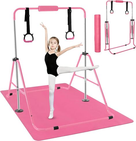 Gymnastics Bar for Kids,Folding Gymnastic Training Kip Bar with Rings,Gymnastics Equipment for Kids,5-Level Adjustable Height Fitness Equipment for Indoor/Outdoor/Home/Training in Saudi Arabia