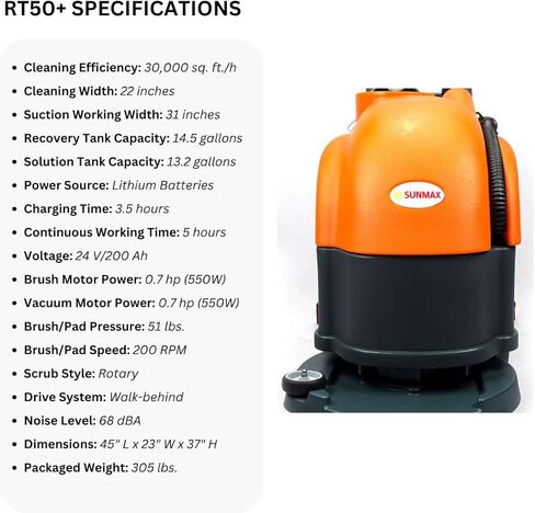 22" Walk-Behind Floor Scrubber Dryer Machine, 13.2/14.5-Gal Dual Tanks, 30,000 Sq Ft/h, Lithium Battery, 3.5-Hour Fast Charging, Commercial Hard Floor Cleaner for Tile, Vinyl, Epoxy & Concrete in Kuwait
