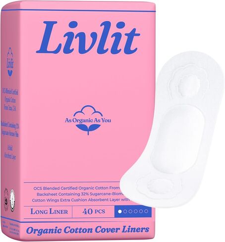 Livlit Ultra Thin Panty Liners Sanitary Pads, 100% Certified Organic Cotton from Texas, Light Absorbency, Chlorine Free, Unscented, Hypoallergenic Panty Liners for Women (40 Count) in Saudi Arabia