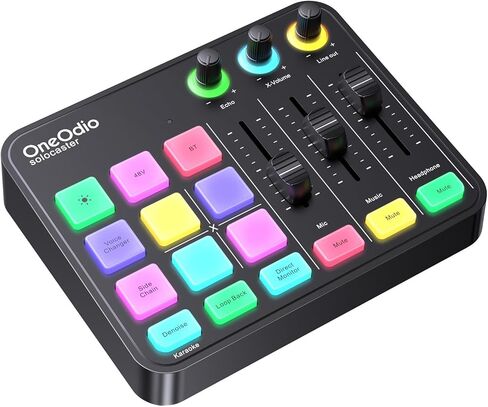 خلاط صوت للألعاب OneOdio Solocaster - واجهة 5 قنوات مع طاقة فانتوم 48 فولت، بلوتوث، إضاءة RGB، 3.5 مم/XLR/USB C، للمبتدئين في البث/البودكاست/الكاريوكي على الكمبيوتر الشخصي، ماك، الهاتف المحمول in Kuwait